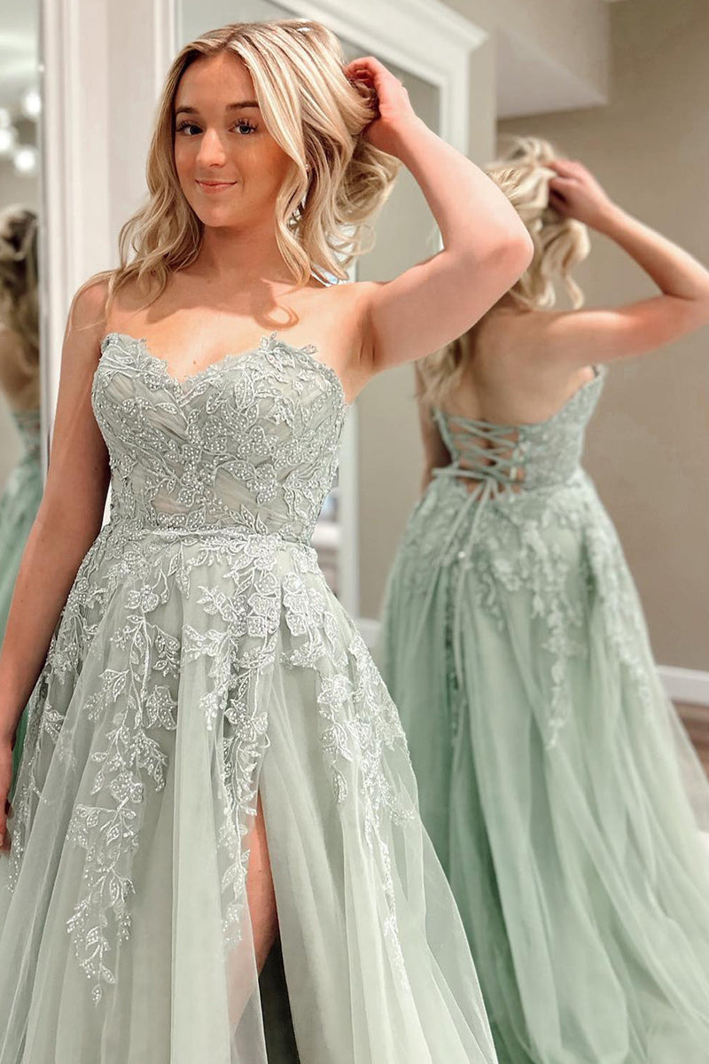 Load image into Gallery viewer, Sweetheart Beaded Light Green Long Prom Dress with Slit Front