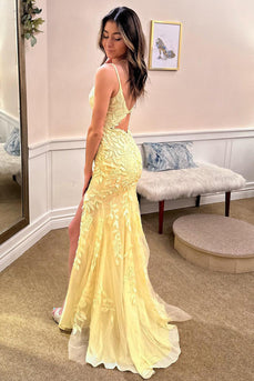 Spaghetti Straps Yellow Long Prom Dress with Appliques