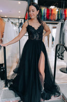 Load image into Gallery viewer, Tulle Spaghetti Straps Lace-Up Back Black Long Prom Dress with Slit
