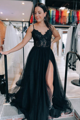 Tulle Spaghetti Straps Lace-Up Back Black Long Prom Dress with Slit