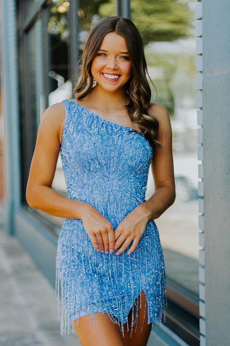 Queendancer Women Glitter Blue Beaded Sequins Short Party Dress One Shoulder Fringed Tight Cocktail Dress queendanceruk Queendancer Women Glitter Blue Beaded Sequins Short Party Dress One Shoulder Fringed Tight Cocktail Dress queendanceruk
