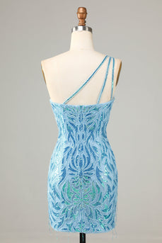 Sheath One Shoulder Blue Sequins Short Party Dress with Tassel