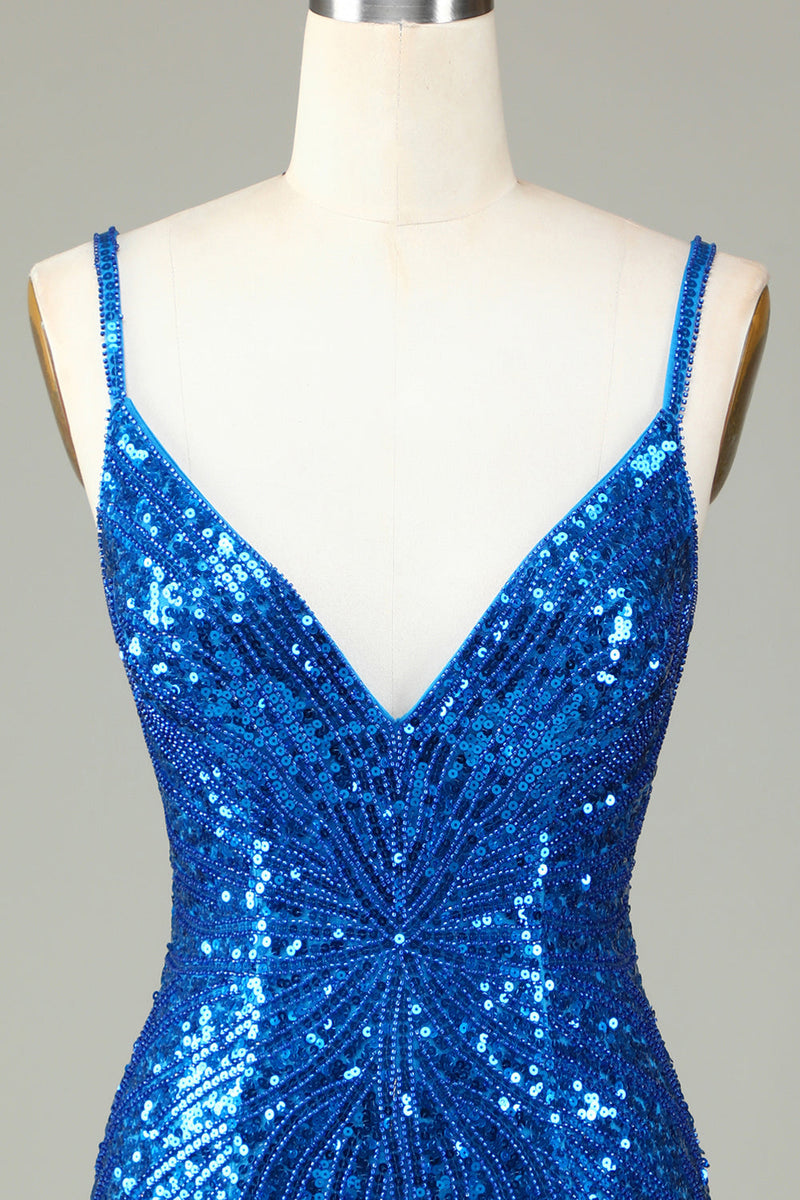 Load image into Gallery viewer, Sheath Spaghetti Straps Peacock Blue Sequins 1920s Dress with Tassel