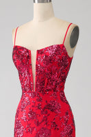 Load image into Gallery viewer, Mermaid Dark Red Sequins Prom Dress with Slit