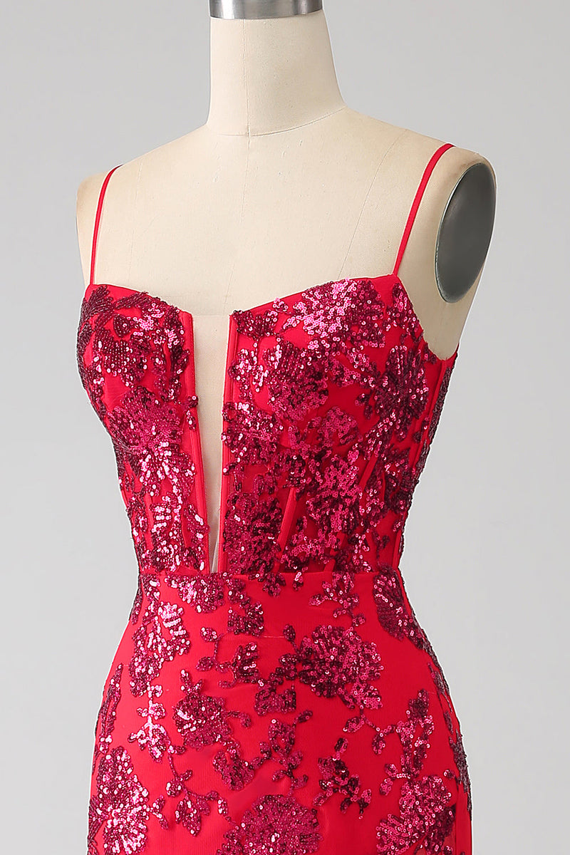 Load image into Gallery viewer, Mermaid Dark Red Sequins Prom Dress with Slit