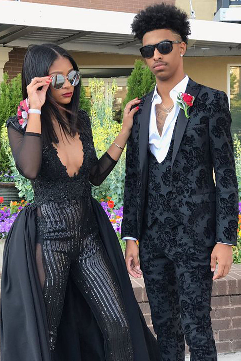 Load image into Gallery viewer, Black 3 Piece Peak Lapel Jacquard Men's Prom Suits