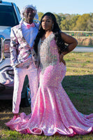 Load image into Gallery viewer, Pink Floral Jacquard Shawl Lapel 2 Piece Prom Homecoming Suits