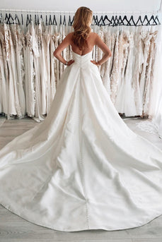 White Satin Long A-Line Wedding Dress with Slit