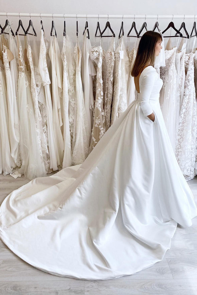 long sleeve satin wedding dress uk Queendancer Women Vintage White A-Line Long Satin Wedding Dress with  Pockets Boat Neck Sweep Train Bridal Dress with Sleeves – queendanceruk