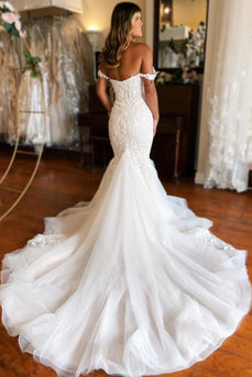 Mermaid White Lace Sweep Train Long Wedding Dress