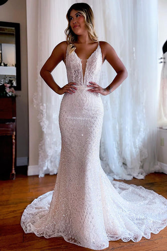 Sparkly Mermaid White Lace Backless Sweep Train Long Wedding Dress