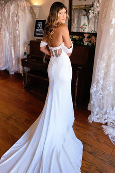 Simple White Mermaid Boho Wedding Dress