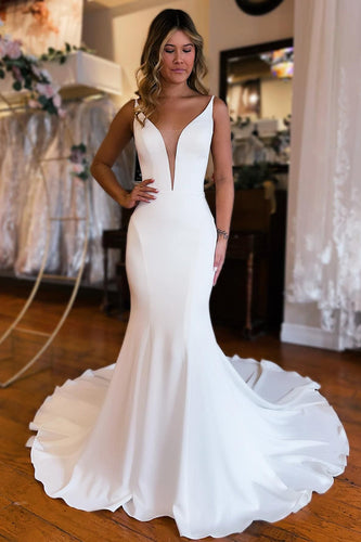 Simple White Mermaid Backless Boho Wedding Dress