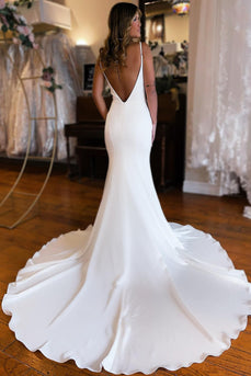 Simple White Mermaid Backless Boho Wedding Dress