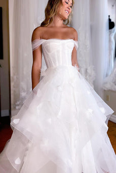 Simple White Corset A-Line Asymmetrical Wedding Dress with Flowers