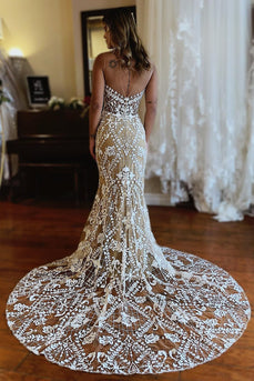 Champagne Illusion Boat Neck Mermaid Long Lace Wedding Dress