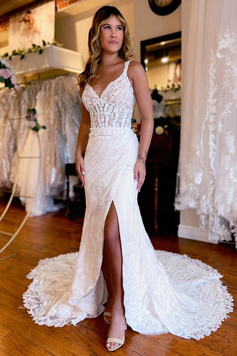 White V-Neck Sheath Long Lace Wedding Dress with Slit