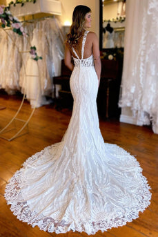 White V-Neck Sheath Long Lace Wedding Dress with Slit