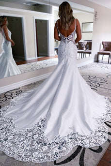 White Mermaid Long Satin Wedding Dress with Lace