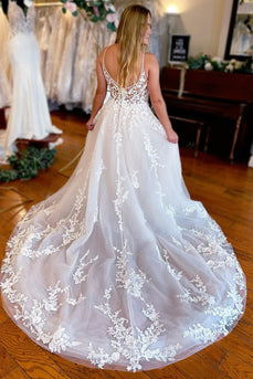 Ivory A-Line Spaghetti Straps Long Lace Wedding Dress