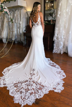 White Boho Mermaid Spaghetti Straps Long Wedding Dress with Lace