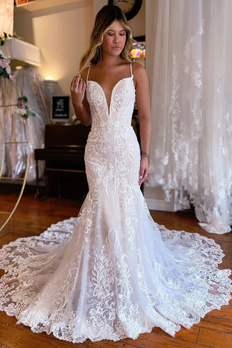 Ivory Mermaid Spaghetti Straps Backless Long Lace Wedding Dress