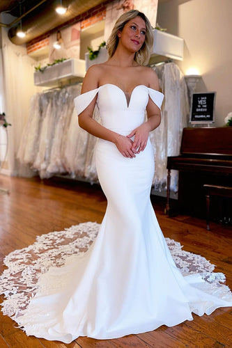 White Boho Mermaid Off the Shoulder Long Wedding Dress with Lace