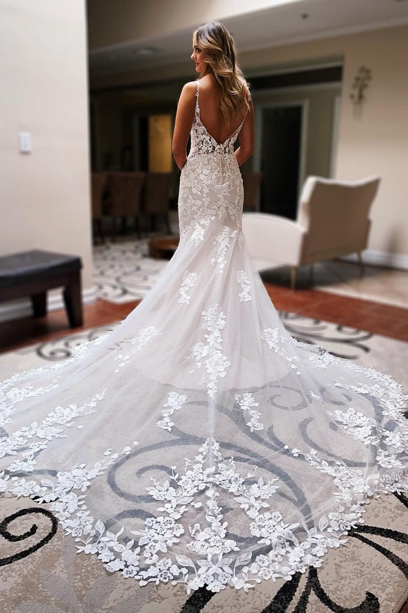 Queendancer Women Ivory Backless Long Mermaid Lace Wedding Dress Spaghetti Straps Sweep Train Bridal Dress queendanceruk Queendancer Women Ivory Backless Long Mermaid Lace Wedding Dress Spaghetti Straps Sweep Train Bridal Dress queendanceruk