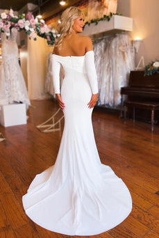 Simple White Boho Mermaid Long Wedding Dress with Sleeves
