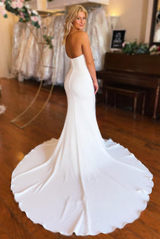 Simple White Boho Mermaid Long Sleeveless Wedding Dress