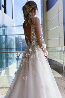 Ivory A-Line Illusion Deep V-Neck Long Sleeves Wedding Dress