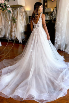 Ivory A-Line Deep V-Neck Backless Long Wedding Dress with Lace