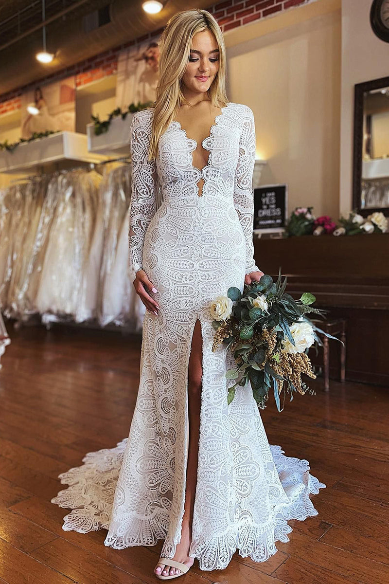 Queendancer Women White Lace Mermaid Long Boho Wedding Dress