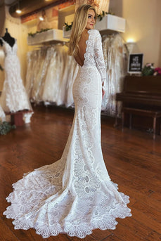 White Mermaid Boho Long Lace Wedding Dress with Sleeves