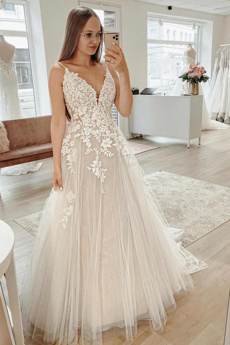 Queendancer Women Ivory Glitter Long Boho Wedding Dress with Appliques  A-Line Spaghetti Straps Tulle Sweep Train Bridal Dress – queendanceruk