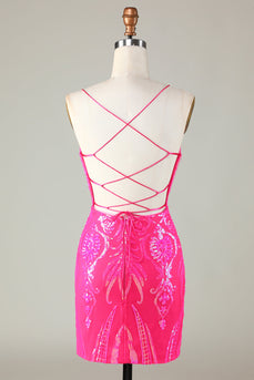 Sparkly Pink Spaghetti Straps Backless Tight Sequins Short Party Dress