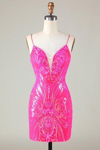 Sparkly Pink Spaghetti Straps Backless Tight Sequins Short Party Dress