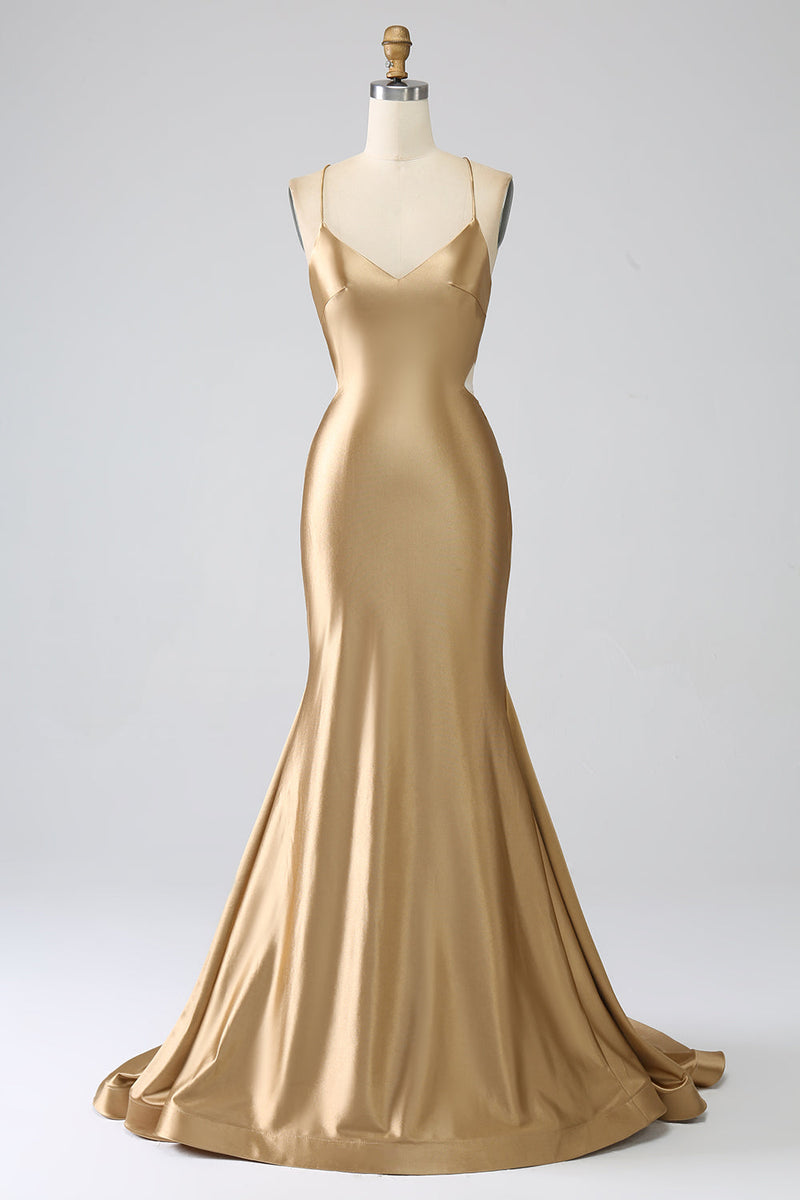 Queendancer Women Golden Mermaid Spaghetti Straps Satin Long Prom Dress  with Lace-up Back – queendanceruk