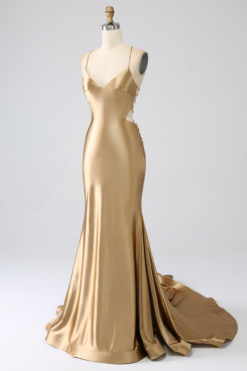 Queendancer Women Golden Mermaid Spaghetti Straps Satin Long Prom Dress  with Lace-up Back – queendanceruk