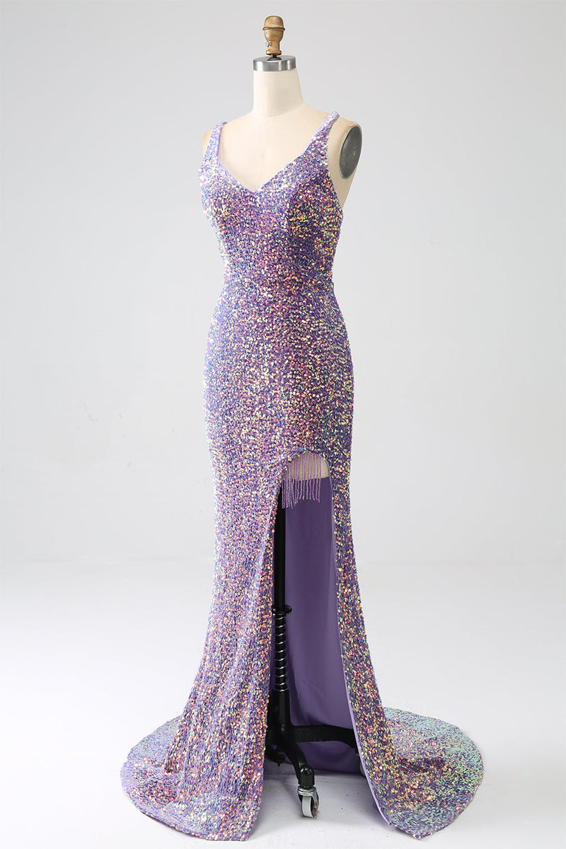 Load image into Gallery viewer, Sparkly Mermaid Light Purple Sequins Prom Dress with Slit