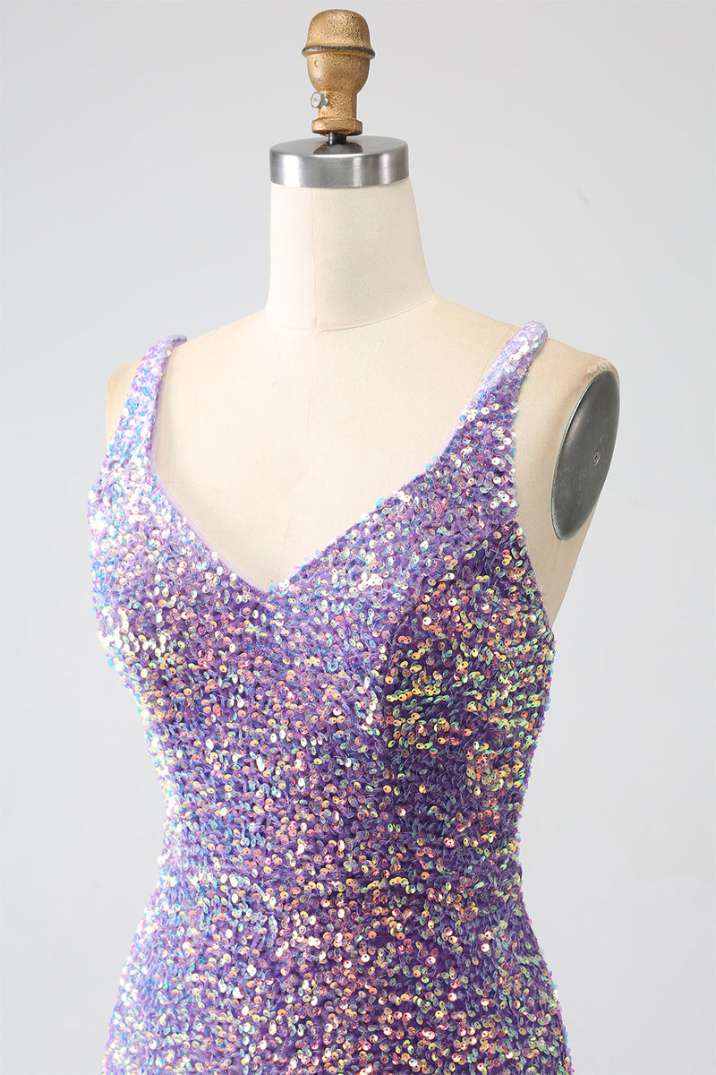 Load image into Gallery viewer, Sparkly Mermaid Light Purple Sequins Prom Dress with Slit