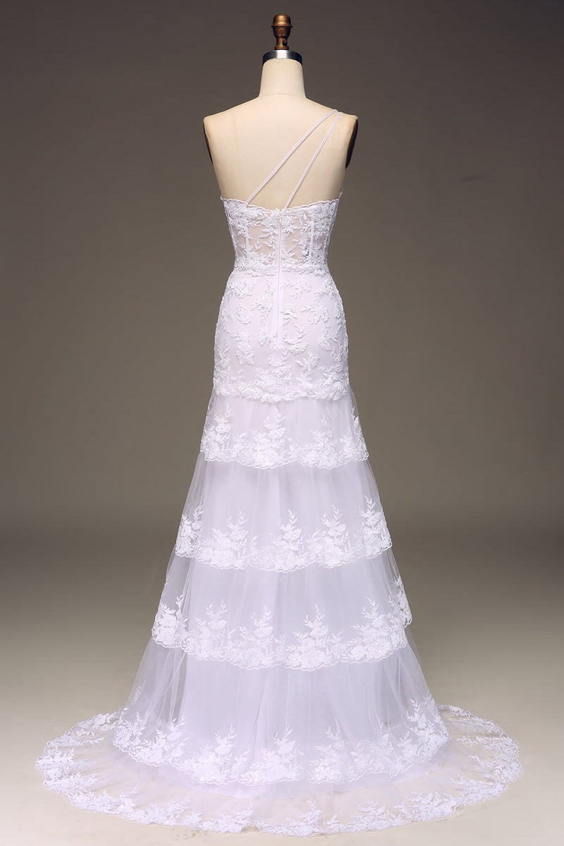 Load image into Gallery viewer, Sparkly Dark Navy Tiered Lace One Shoulder Long Prom Dress with Slit