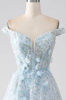 Load image into Gallery viewer, Light Blue A-Line Off the Shoulder Long Corset Prom Dress