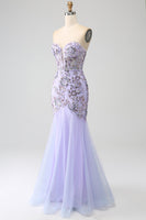 Load image into Gallery viewer, Mermaid Strapless Lavender Corset Prom Dress with Beading