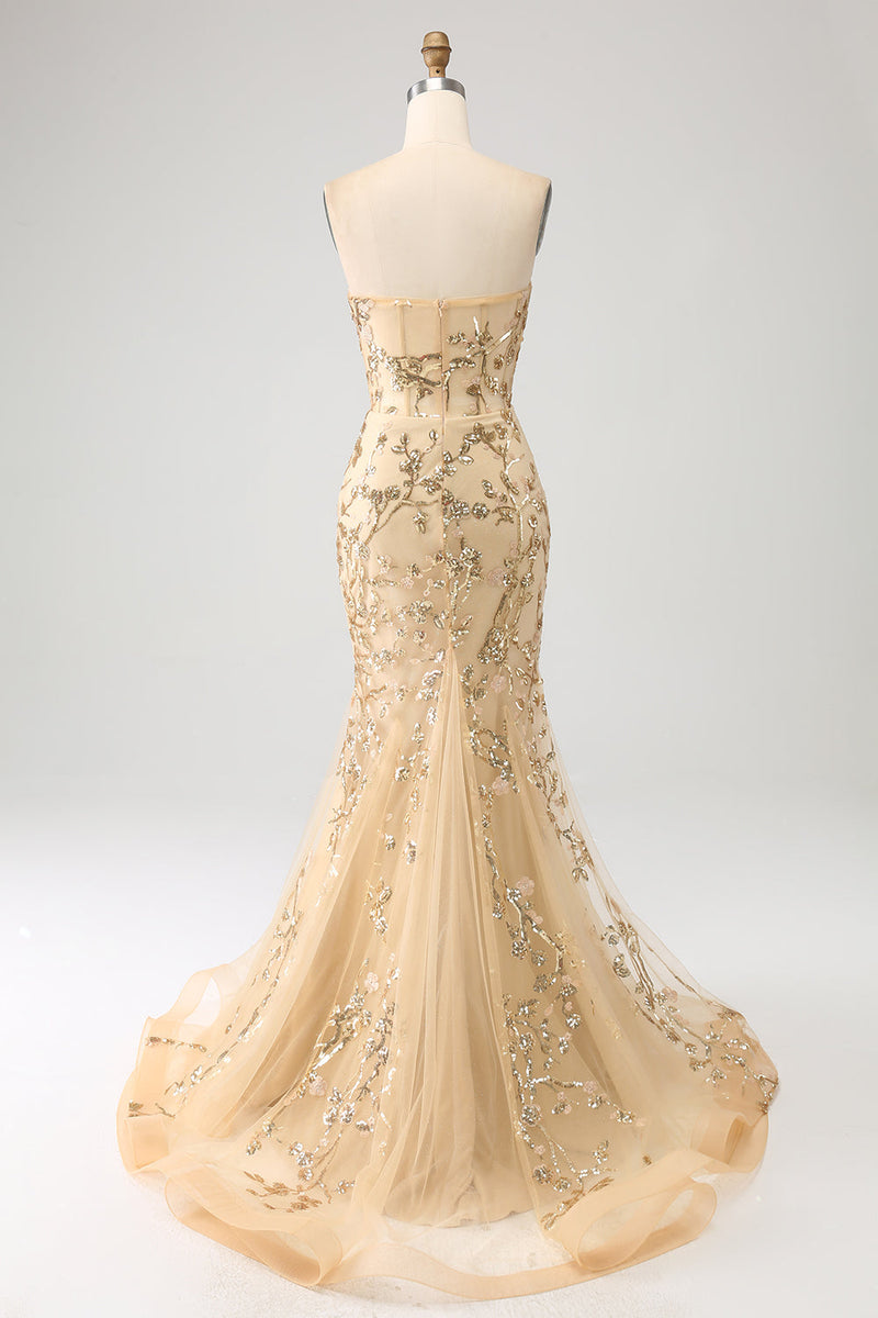 Load image into Gallery viewer, Mermaid Champagne Sparkly Corset Prom Dress