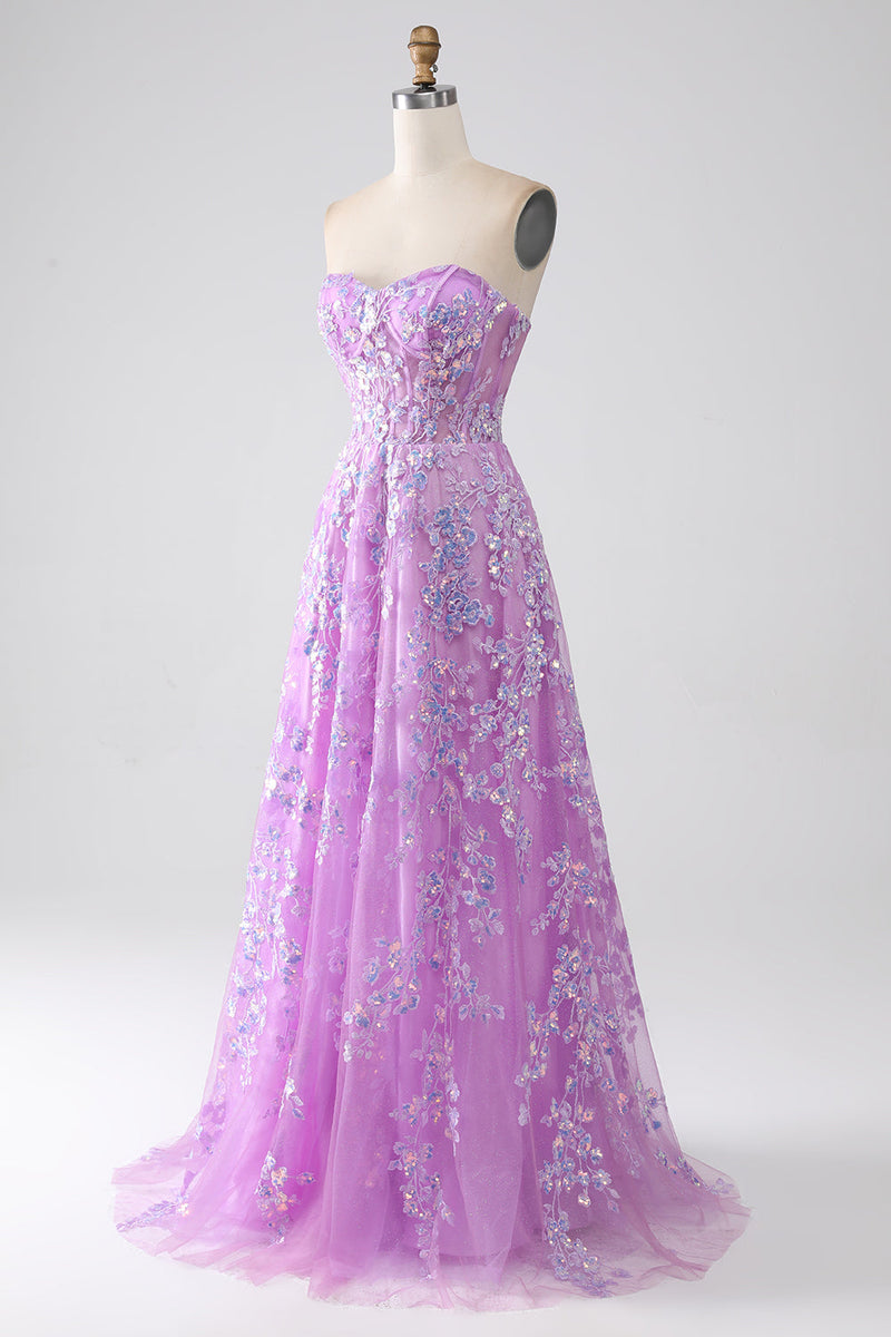 Load image into Gallery viewer, Purple A-Line Strapless Corset Prom Dress with Appliques