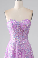 Load image into Gallery viewer, Purple A-Line Strapless Corset Prom Dress with Appliques