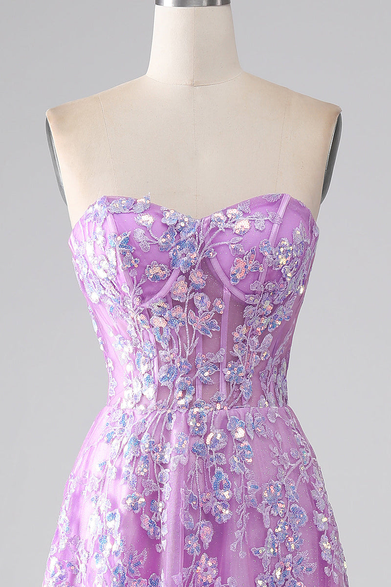 Load image into Gallery viewer, Purple A-Line Strapless Corset Prom Dress with Appliques