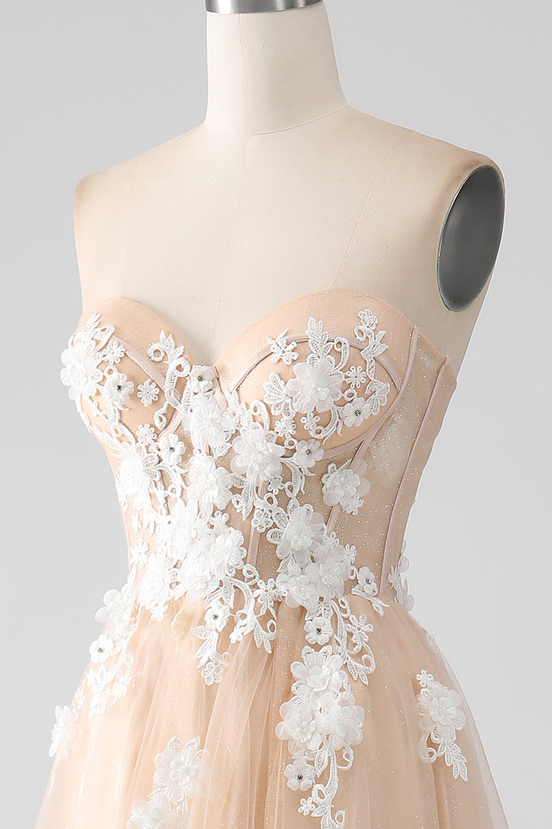 Load image into Gallery viewer, A-Line Champagne Strapless Corset Prom Dress with Appliques