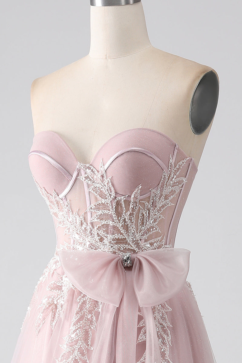 Load image into Gallery viewer, Sparkly A Line Strapless Tulle Prom Dress with Bow